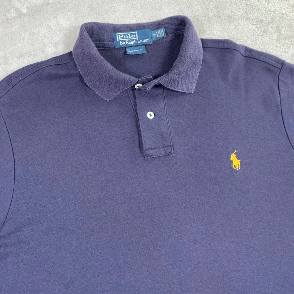 Polo Ralph Lauren Polo Shirt Mens Medium Navy Blue Custom Fit Yellow Pony Logo